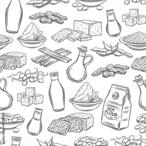 Soy product outline seamless pattern. Background with drawn monochrome soy sprouts, tofu skin, coagulated soy milk, soybean, tempeh, miso, flour and ets.
