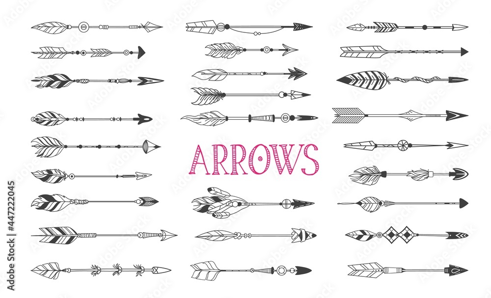 Boho arrows set, drawn ink tattoo elements in Native American Indian style, vintage vector arrows.