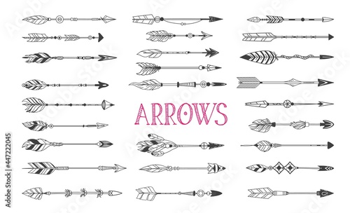 Boho arrows set, drawn ink tattoo elements in Native American Indian style, vintage vector arrows.