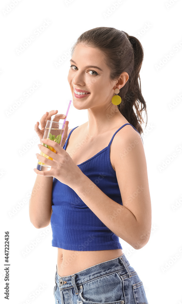 Young woman with fresh lemonade on white background Young woman with fresh lemonade on white background
