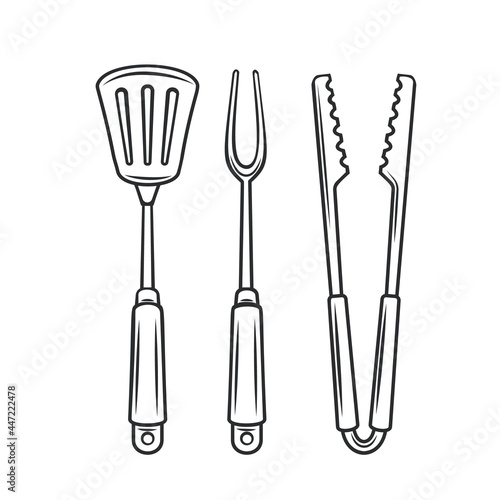 Barbecue tools outline vector icon, drawing monochrome illustration. Tongs, carving fork, spatula for grilling.
