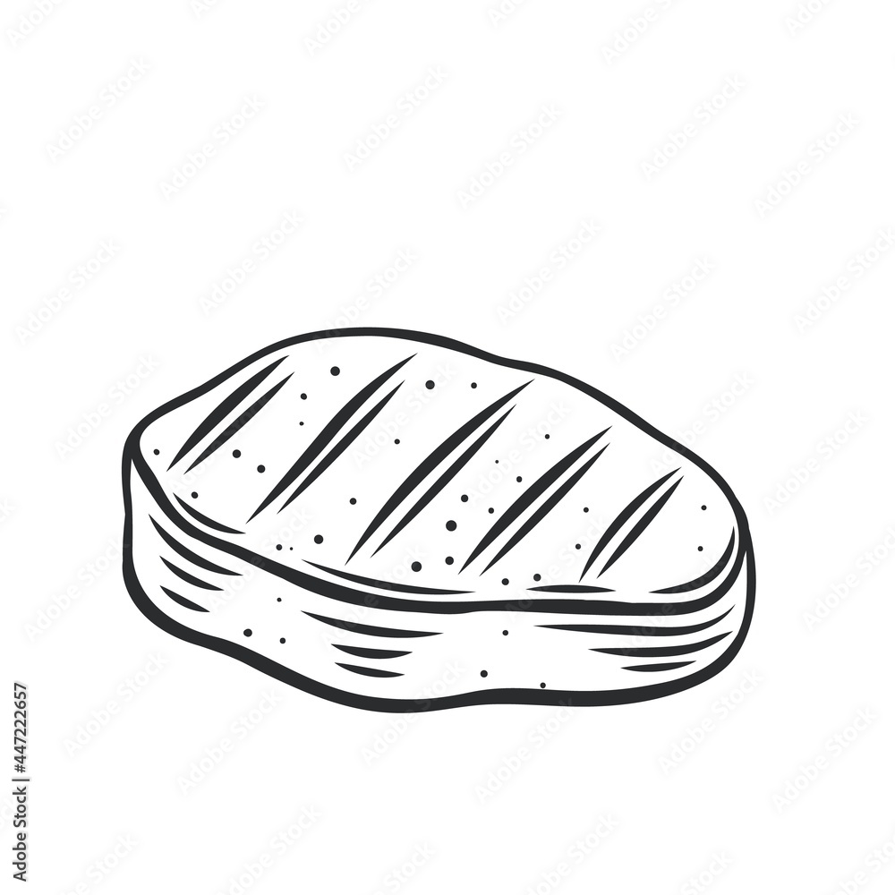 Grilled meat steak icon outline vector icon, drawing monochrome illustration. Fried pork fillet steak. Grilled meat steak icon outline vector icon, drawing monochrome illustration. Fried pork fillet steak.