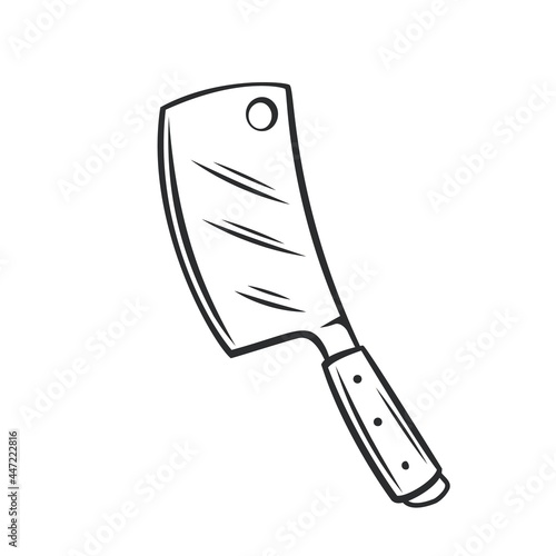 Meat kitchen cleaver, butcher knife outline vector icon, drawing monochrome illustration.