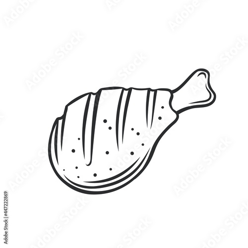 Grilled chicken drumstick outline vector drawing monochrome illustration. BBQ food icon.