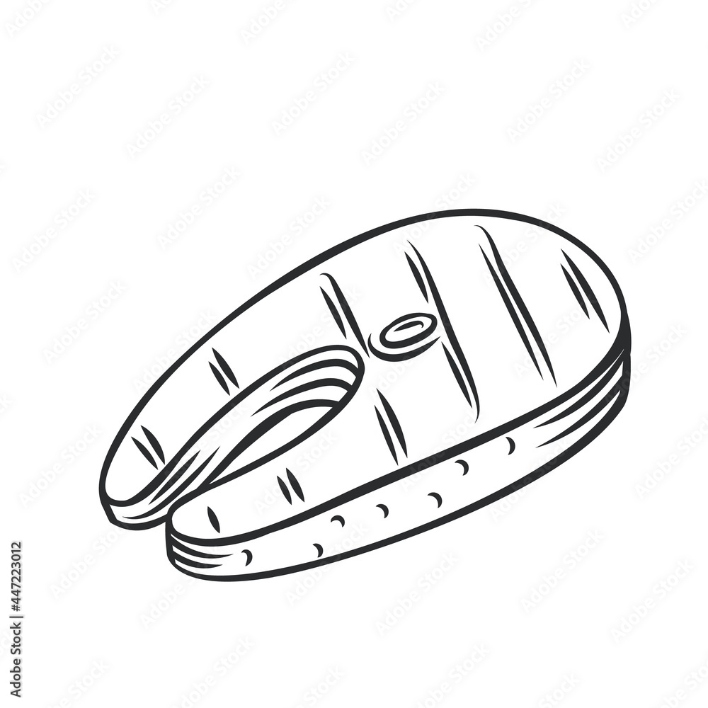 Grilled salmon steak icon. Fried fish seafood outline vector drawing monochrome illustration. Grilled salmon steak icon. Fried fish seafood outline vector drawing monochrome illustration.
