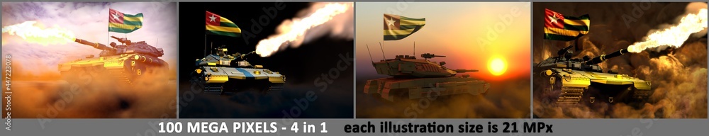 4 pictures of detailed modern tank with design that not exists and with Togo flag - Togo army concept, military 3D Illustration