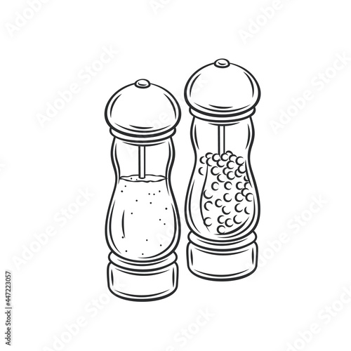 Salt and pepper grinder, spice shaker, black pepper mill outline vector icon, drawing monochrome illustration.