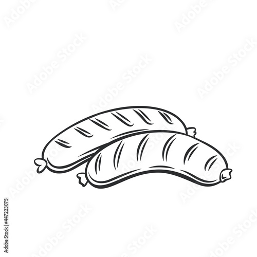 Grilled Sausages outline vector icon, drawing monochrome illustration. Fried bratwurst Pork sausage, bbq food.