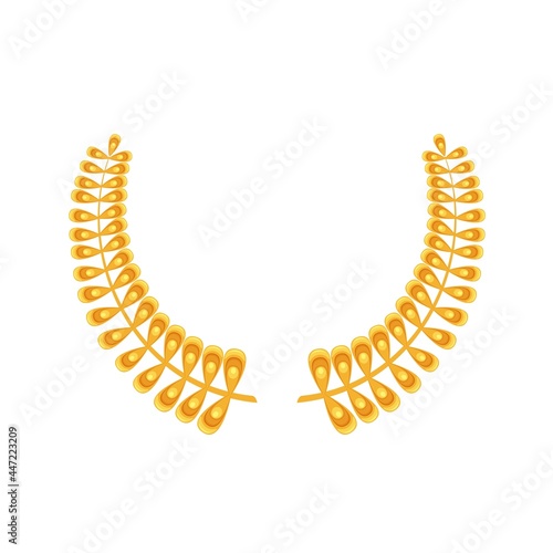 Golden laurel. First place winner, golden award, laurus. Isolated vector icon of golden triumph first place cartoon style.
