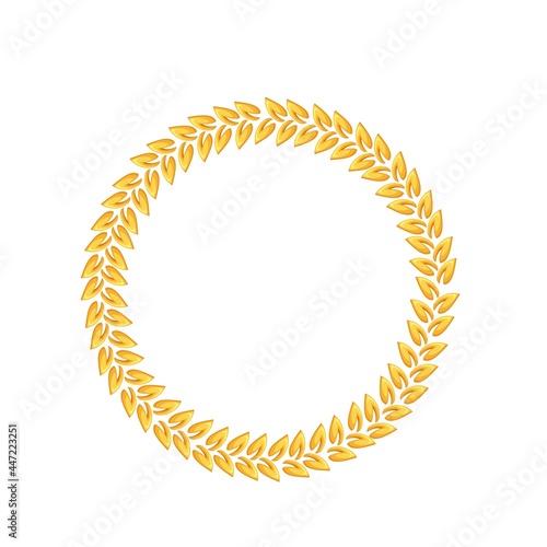 Golden laurel. First place winner, golden award, laurus. Isolated vector frame of golden triumph first place cartoon style.
