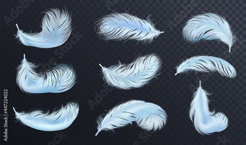 Falling blue fluffy twirled feather set, isolated Goose feathers realistic style, vector 3d illustration.