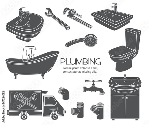 Plumbing monochrome icons. Glyph shower, bathroom sink, toilet, sanitary wrench and tap for house plumbing promotion design. Stamp, vector illustration.