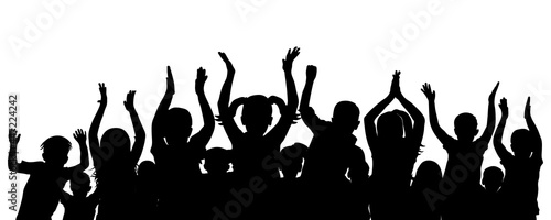 Happy first graders, silhouette of crowd of children. Applauding school children. Vector illustration.