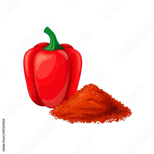 Pepper, paprika or capsicum. Raw red bell pepper, vegan food. Aromatic seasoning ingredient. Isolated vector illustration of capsicum and paprika spice.