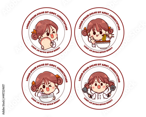 Set of woman bakery chef logo hand drawn cartoon art illustration