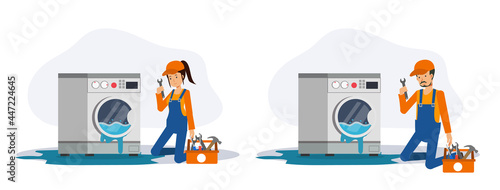 Set of male and female mechanic come to check and repair washing machine which water leak, flood.Flat vector 2D cartoon character illustration.