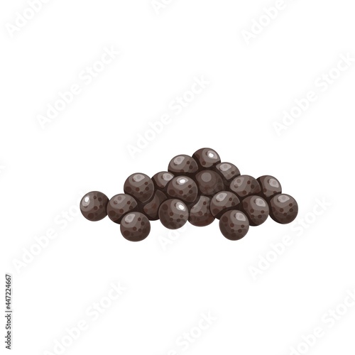 Black peppercorns. Handful of herb and spice. Aromatic seasoning ingredient. Isolated vector illustration in cartoon style.