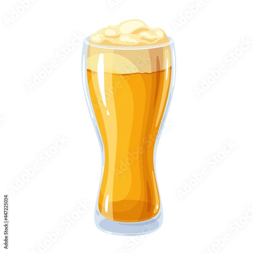 Light beer in glass goblet with foam. High mug alcohol, traditional drink of beer festival Oktoberfest. Vector illustration in cartoon style.