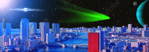 Future Tokyo city in Universe with unknown planets, star sky and green comet