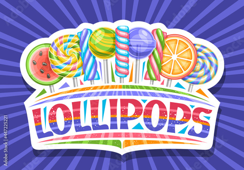Vector logo for Lollipops, decorative cut paper sign board with variety striped fruity lollipops in a row, poster with unique brush lettering for words lollipops on blue rays of light background.