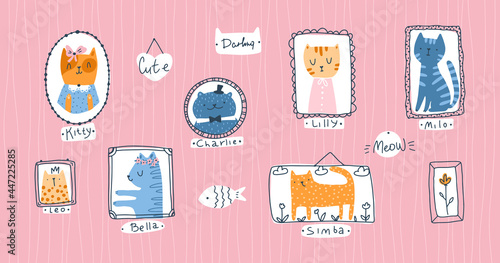 Kitty Collection. Cat pet portraits in simple hand drawn Scandinavian cartoon childish style. Colorful cute doodle animals in frames on a pink background with nicknames.