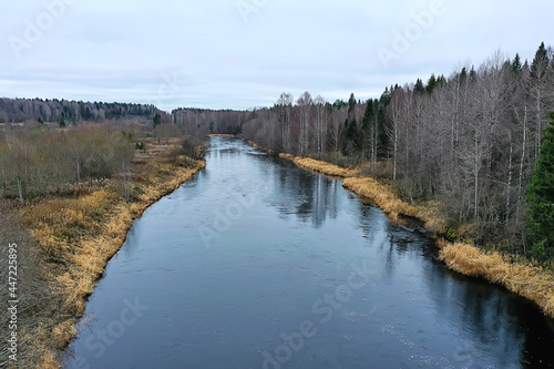 river autumn view from drone forest, landscape panorama aerial view © kichigin19