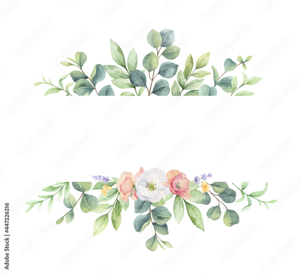 Watercolor vector banner of green branches and wildflowers.