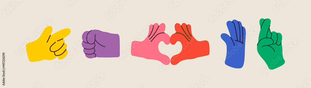 Obraz premium Cartoon hands abstract drawn comic. Set of Hand multicolored different signs and symbols. Drawing style. Vector illustration