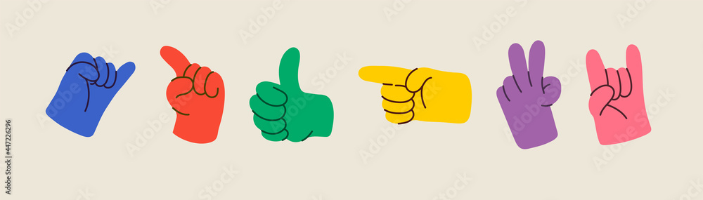 Cartoon hands abstract drawn comic. Set of Hand multicolored different signs and symbols. Drawing style. Vector illustration Cartoon hands abstract drawn comic. Set of Hand multicolored different signs and symbols. Drawing style. Vector illustration