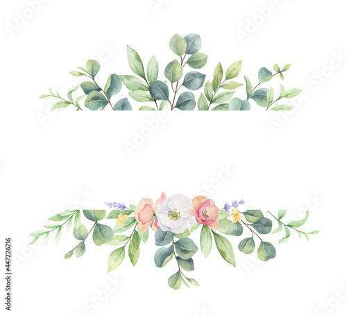 Watercolor vector banner of green branches and wildflowers.