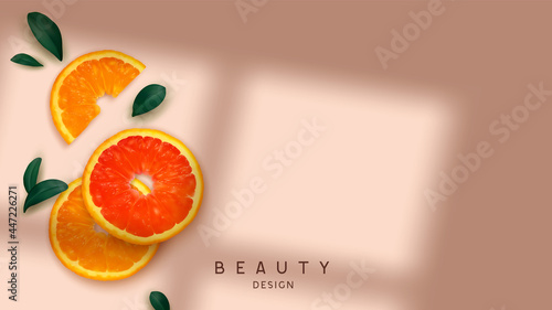 Fresh fruit wedges orange and grapefruit, tangerine, realistic 3d design. On the background, the shadow from the window is a minimum composition. Vector illustration