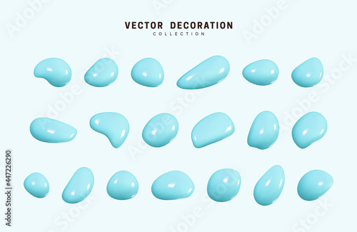 Liquid 3d Shapes blue in color. Set isolated liquid elements of turquoise shade. Realistic cream Paint splash fluid. Vector illustration