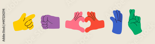 Cartoon hands abstract drawn comic. Set of Hand multicolored different signs and symbols. Drawing style. Vector illustration