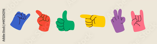 Cartoon hands abstract drawn comic. Set of Hand multicolored different signs and symbols. Drawing style. Vector illustration