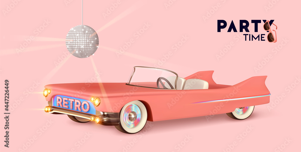 Party time. Retro convertible car pink color. Vintage Luxury stylish car with an open top. Minimal poster, web banner. Disco ball Realistic 3d design of object. Vector illustration - obrazy, fototapety, plakaty 