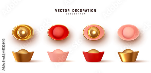Set of realistic Chinese gold bars. Collection of vintage traditional oriental golden metallic bars isolated on white background. 3d design. Vector illustration