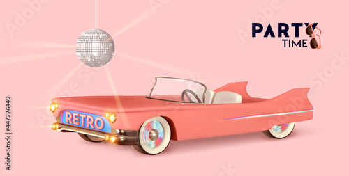 Party time. Retro convertible car pink color. Vintage Luxury stylish car with an open top. Minimal poster, web banner. Disco ball Realistic 3d design of object. Vector illustration