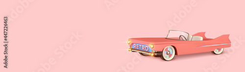 Retro convertible car pink color. Vintage Luxury stylish car with an open top. Horizontal banner, template header for website. Minimal poster. Realistic 3d design of the object. Vector illustration