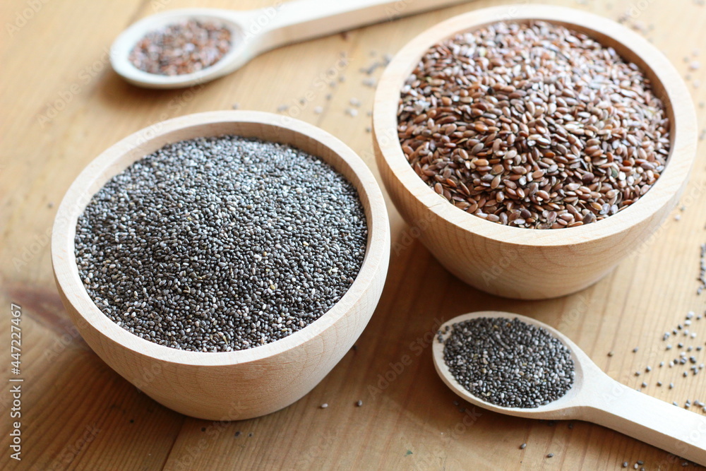 Flaxseed and chia seeds in wooden bowls
Flaxseed and chia seeds in wooden bowls