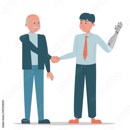 Handshake between two business persons vector isolated. Man with prosthetic arm and old man standing together. Successful disabled employee. Handicapped guy works at office.