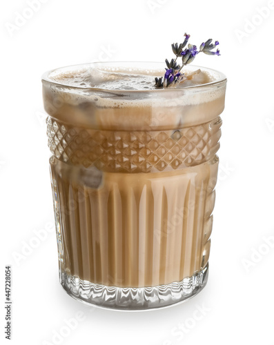 Obraz na płótnie Glass of tasty lavender latte on white background