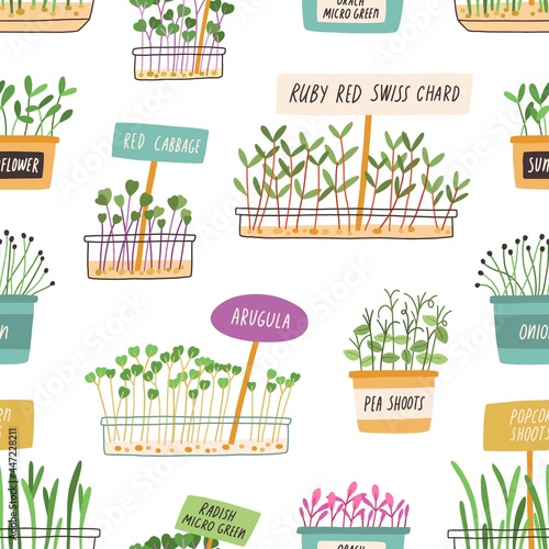 Seamless pattern with micro greens in pots on white background. Endless textu...