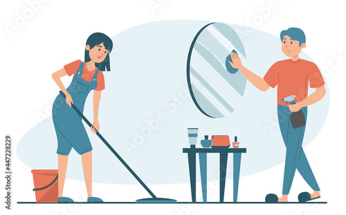 Housewife washing floor at home vector isolated. Illustration of a family doing domestic work. Man cleaning the mirror. Daily routine.