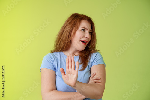 Enough wasting my time. Ignorant uninterested redhead mature woman turn away displeased reluctant show stop no gesture hold palm refusal rejecting unpleasant offer green background photo