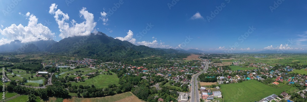 Drone photo, high angle, fog on the top of Ban Pha Hee Mountain, Mae Sai District Chiang Rai Province, Thailand, Asia