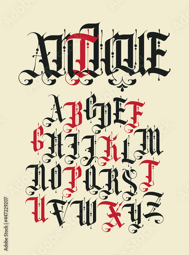 Antique font. Set of capital letters of English alphabet in vintage style. Medieval uppercase Latin letters. Vector calligraphy and lettering. Suitable for monogram, tattoo, label, headline, poster