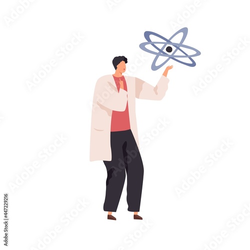 Tiny person looking at molecule model with atom and orbits. Scientist studying physics and chemistry. Concept of scientific research. Colored flat vector illustration isolated on white background