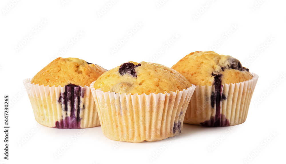 Tasty blueberry muffins on white background Tasty blueberry muffins on white background