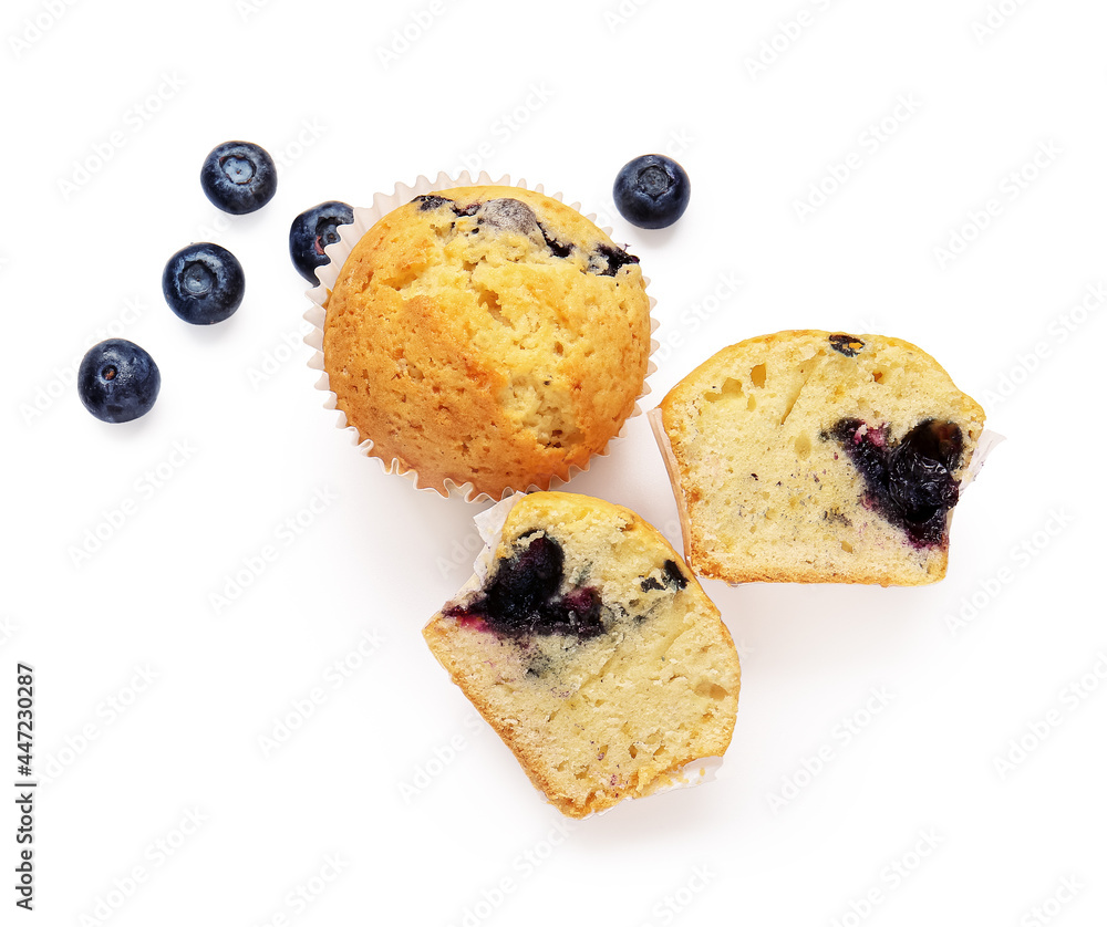 Tasty blueberry muffins on white background Tasty blueberry muffins on white background