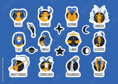 Zodiac signs sticker pack. Set of twelve astrological signs and elements with cutting outlines. Vector hand drawn illustration